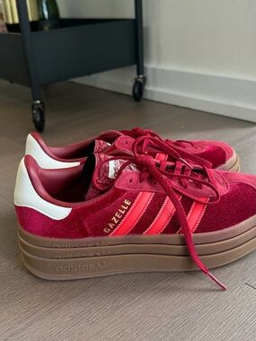 Adidas Gazelle Bold Bright Red Velvet Platform Sneakers